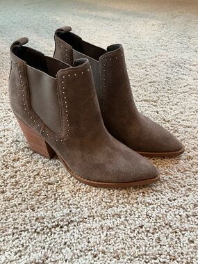Marc Fisher Dark Taupe Suede Leather Studded Ankle Booties